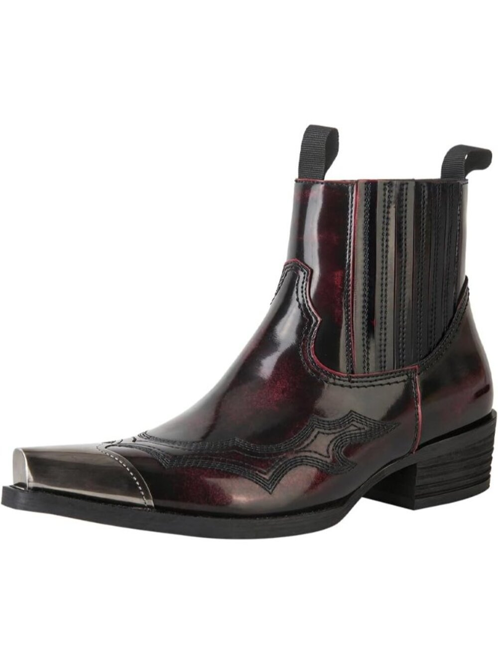 🆕Men's Red Vintage Patent Leather Chelsea boots Steel Toe with Embroidered